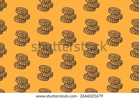 Dollar coin stack engraving seamless pattern on yellow background for merchandise. Staked chips line art doodle pattern background. Money coin stack hatching motif wallpaper. Vector Illustration