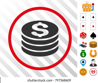 Dollar Coin Stack gray pictograph inside red circle with bonus gamble images. Vector illustration style is flat iconic symbols. Designed for gamble software.