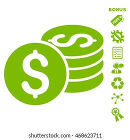 Dollar Coin Stack icon with bonus pictograms. Vector illustration style is flat iconic symbols, eco green color, white background, rounded angles.