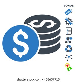 Dollar Coin Stack icon with bonus pictograms. Vector illustration style is flat iconic bicolor symbols, smooth blue colors, white background, rounded angles.