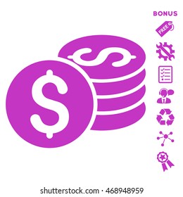 Dollar Coin Stack icon with bonus pictograms. Vector illustration style is flat iconic symbols, violet color, white background, rounded angles.
