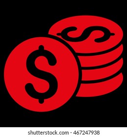 Dollar Coin Stack icon. Vector style is flat iconic symbol with rounded angles, red color, black background.