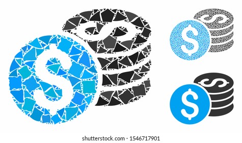 Dollar coin stack mosaic of rugged items in different sizes and color tints, based on dollar coin stack icon. Vector raggy items are combined into composition.