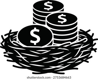 Dollar Coin Stack in Nest Silhouette – Financial Security Savings Investment Concept Vector Illustration