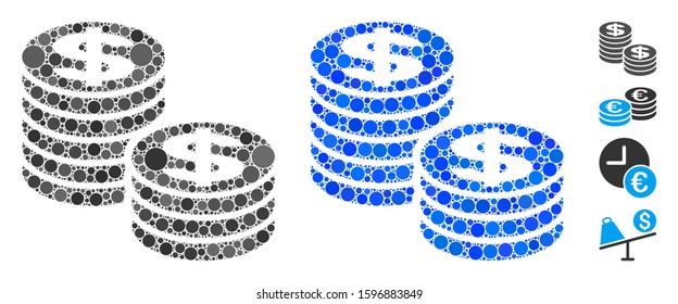 Dollar coin stacks composition of filled circles in different sizes and color tones, based on dollar coin stacks icon. Vector filled circles are combined into blue composition.