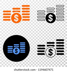Dollar coin stacks EPS vector pictograph with contour, black and colored versions. Illustration style is flat iconic symbol on chess transparent background.