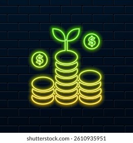 dollar coin stacks growing investment growth success. neon style. money growth icon vector illustration.