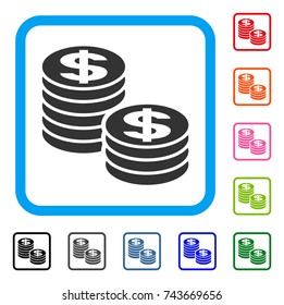 Dollar Coin Stacks icon. Flat gray pictogram symbol inside a blue rounded square. Black, gray, green, blue, red, orange color versions of Dollar Coin Stacks vector.