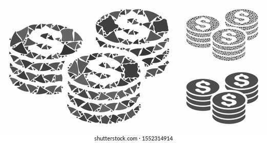 Dollar coin stacks mosaic of abrupt items in different sizes and color tinges, based on dollar coin stacks icon. Vector rough items are grouped into collage.