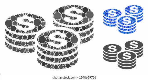 Dollar coin stacks mosaic of round dots in different sizes and color tones, based on dollar coin stacks icon. Vector round dots are organized into blue mosaic.