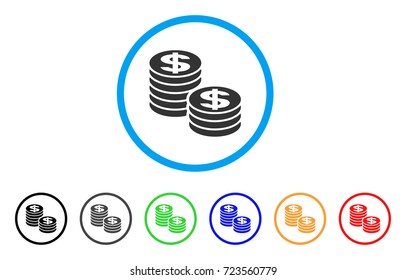 Dollar Coin Stacks rounded icon. Style is a flat dollar coin stacks grey symbol inside light blue circle with black, gray, green, blue, red, orange variants.