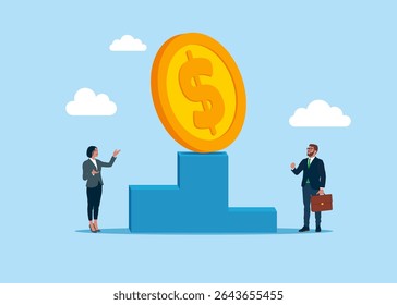 Dollar coin standing on first podium. Success in business and career. Modern vector illustration in flat style