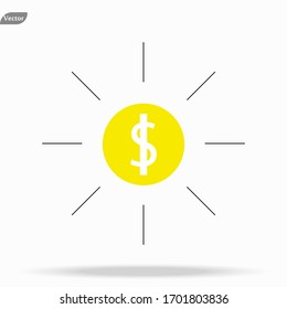 Dollar coin with sun ray icon in simple design. Vector illustration. eps10