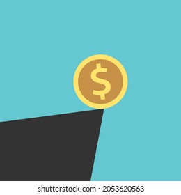 Dollar coin suspended on edge of cliff. Economic crisis, uncertainty, investment, growth and failure concept. Flat design. EPS 8 vector illustration, no transparency, no gradients