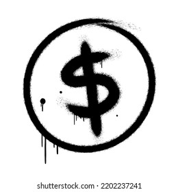 Dollar coin symbol in circle. Urban street graffiti style with splash effects, drops. Concept for economy, finance, currency, exchange.