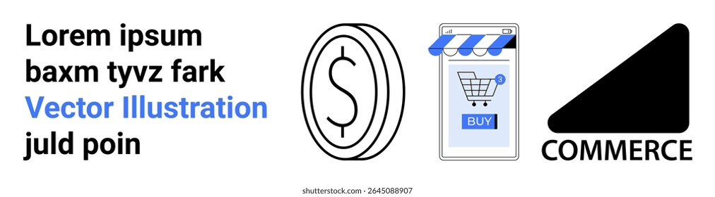 Dollar coin symbol, shopping cart in storefront on smartphone, and Commerce black triangle are primary elements. Ideal for business, finance, e-commerce, marketing, online shopping, retail, mobile