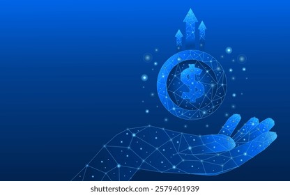 Dollar coin technology revenue growth concept. Abstract concept of coins in a hand and up arrows on blue background. Money coins in a hand. Profit growth. 