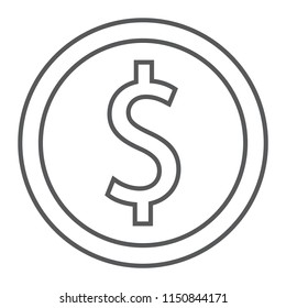 Dollar coin thin line icon, finance and banking, currency sign, vector graphics, a linear pattern on a white background, eps 10.