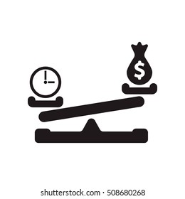 Dollar coin and time balance on scale. White background