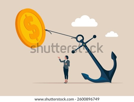 Dollar coin trying hard to fly away with anchor. Monetary policy to lower inflation, keep cost. Achieving financial freedom, economic forecast concept. Flat vector illustration 