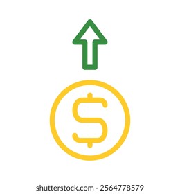 Dollar coin with upward green arrow. Concept of investment, growth, and profit.