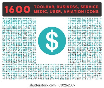 Dollar Coin vector icon and 1600 other business, service tools, medical care, software toolbar, web interface pictograms. Style is bicolor flat symbols, grey and cyan colors, rounded angles, white