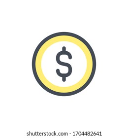 Icono vectorial de moneda en dólares. Signo relleno de esquema de línea monetaria aislado en fondo blanco. Diseño plano para web, sitio web, aplicación móvil.