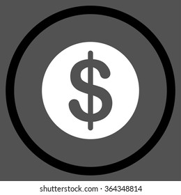 Dollar Coin vector icon. Style is bicolor flat circled symbol, black and white colors, rounded angles, gray background.