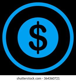 Dollar Coin vector icon. Style is flat circled symbol, blue color, rounded angles, black background.
