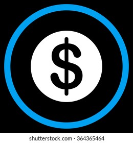 Dollar Coin vector icon. Style is bicolor flat circled symbol, blue and white colors, rounded angles, black background.