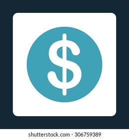 Dollar Coin vector icon. This flat rounded square button uses blue and white colors and isolated on a dark blue background.