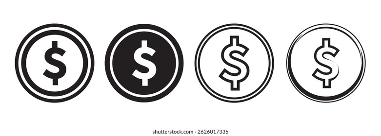 Dollar coin vector icons set on white background. Usd vector icon in black color. Finance and business concept. Dollar sign icon stock vector illustration.