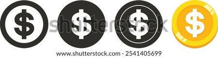 Dollar coin vector icons set. US currency coins symbols collection. GOld black and white icon. Gambling money saving and banking, investment financial symbol