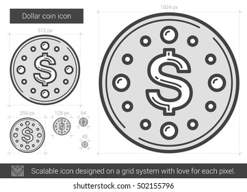 Dollar coin vector line icon isolated on white background. Dollar coin line icon for infographic, website or app. Scalable icon designed on a grid system.