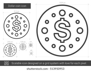 Dollar coin vector line icon isolated on white background. Dollar coin line icon for infographic, website or app. Scalable icon designed on a grid system.