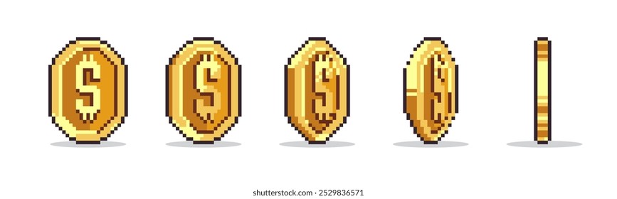 Conjunto de estilo de píxeles de Vector de moneda de dólar. Monedas de dólar al estilo de píxeles