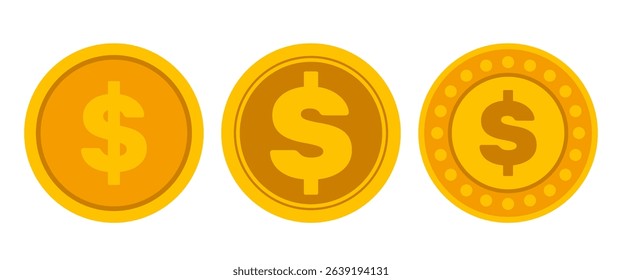 Dollar Coin Vector Set, Flat Style Gold Money Icons Collection for Finance App, Game UI, Virtual Currency, and Economy Design Projects, Editable