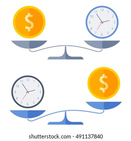 Dollar coin and a watch on a scales. Flat concept illustration of balance, wealth and time symbols. Isolated vector elements for money, clock and business infographics, presentations, publish and web.