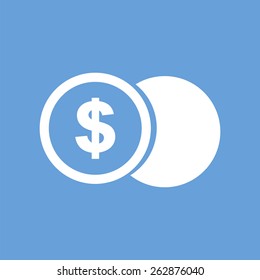 Dollar coin web white icon isolated on a blue background. Vector symbol