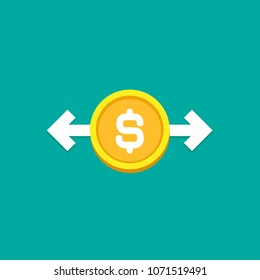 dollar coin with white arrows. Flat icon. Isolated on white. Currency exchange icon. Good for web and software interfaces. Vector illustration. Money Turnover icon.