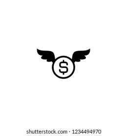 dollar coin with wings. Black flat icon isolated on white background. Flying money. Economy, finance, money pictogram. Wealth symbol.  Vector illustration. Free, easy.  Spend, expenses  