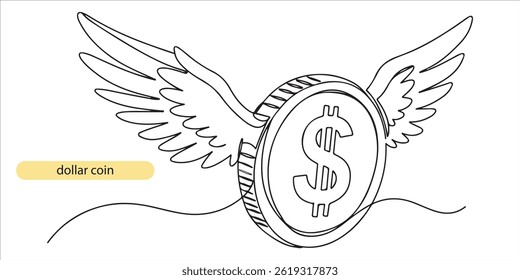 dollar coin with wings continuous single line art drawing sketch on white background	