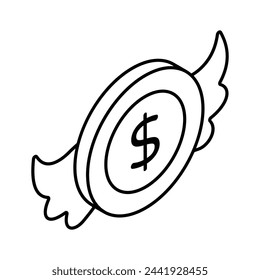Moneda de dólar con alas que muestra el icono conceptual de volar dinero en estilo de moda