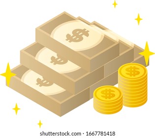 Dollar coins and banknotes isolated vector illustration