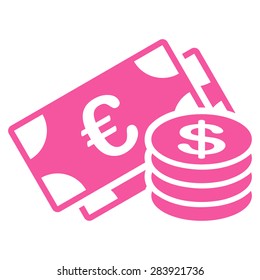 Dollar coins from BiColor Euro Banking Icon Set. Vector style: flat, pink symbol, rounded angles, white background.