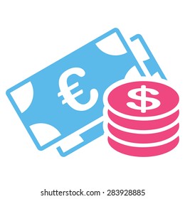 Dollar coins from BiColor Euro Banking Icon Set. Vector style: flat bicolor, pink and blue symbol, rounded angles, white background.