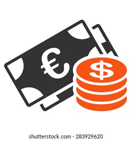 Dollar coins from BiColor Euro Banking Icon Set. Vector style: flat bicolor, orange and gray symbol, rounded angles, white background.