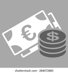 Dollar coins from BiColor Euro Banking Icon Set. Vector style: flat bicolor, dark gray and white symbol, rounded angles, silver background.