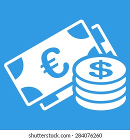 Dollar coins from BiColor Euro Banking Icon Set. Vector style: flat, white symbol, rounded angles, blue background.
