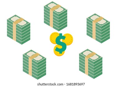 Monedas en dólares, modelo de letras y bultos, ilustración vectorial
